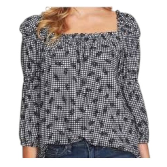CeCe Tops - CeCe Gingham Floral Blouse Women's XS Black White Square Neck Smocked NWT